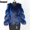 Nerazzurri Winter-Fuchs- und Rex-Kaninchen-Farbblock-Patchwork-Fake-Jacke, blau, kurz, warm, große Größe, Kunstpelzmantel für Damen 201211