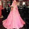 Muslim Elegant Pink Plus Size Dresses Long Sleeves Appliques Lace Bridal Gowns Sweep Train A-line Wedding Dress Vestidos De Noiva