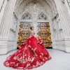 2022 Sexy Luxury Dark Red Quinceanera Dresses Gold Lace Appliques Crystal Beading Sweetheart Lace Up Back Ruffles Sweep Train Ball Gown Party Prom Evening Gowns
