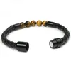 8MM Agate Tiger Eye Bead Strands Braid Leather Bracelets Black Magnetic Buckle Bracelets