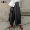 [EAM] 새로운 봄 가을 높은 탄성 허리 블랙 주름 잡힌 분할 공동 넓은 다리 느슨한 바지 여성 바지 패션 JX100 201109