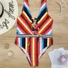 Lace Up Bikini sexy 2020 Push Up 1PC Swimsuit Monokini Rainbow Swimwear listrado Mulheres 1pc Terno de natação T200708