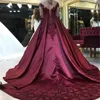 2021 Burgundy V-Neck Ball Gowns Prom Dresses Saudi Arabia Style Long Sleeves Satin Court Train Special Occasion Evening Party Gowns