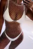 Kristalldiamant-Strandkleid für Damen, sexy V-Ausschnitt, aushöhlen, Strass, ärmellos, figurbetontes Mesh-Partykleid