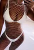 Crystal Diamond Beach Dress Dames Sexy V-hals Hol Strass Mouwloos Bodycon Mesh Feestjurken