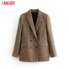 Tangada women stick winter double breasted suit jacket office ladies vintage plaid blazer pockets work wear tops LJ200815