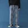 Erkek Pantolon Kore Ekose Kot Moda Retro Rahat Geniş Bacak Erkekler Streetwear Gevşek Hip-Hop İpli Denim Pantolon Mens M-5XL1