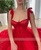 Sweetheart Bow Straps Zipper Pleats Tè Lunghezza Tè Red Prom Dress A-line Tulle Abito da sera