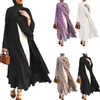 Etniska kläder muslimska långärmad flödande maxi cardigan islamisk öppen front kimono abaya robe kalkon kaftan fast färg bälte lös klänning