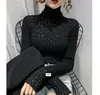 新しいデザイン女性用タートルネック長袖伸縮性布ニットラインストーンパッチをかけたシニーブリングセータートップシャツプルオーバー288r