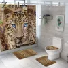 動物の毛皮のヒョウのシャワーのカーテンバスマットセットソフトバスカーペットのための柔らかいバスカーペットのための面白いカバートイレ座席防水浴室カーテンlj201130