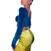 Women Crop Tops Velvet Solid Color Sweetheart-Neck Low-Cut Blue Long Sleeves Tight Camisole G220228