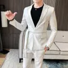 NIEUW Spring Suit Men Single Button Mens Slim Fit Suits met Pant Casual Stage Wedding Dress Belt Prom Tuxedo Costume Homme 201105 S S S