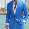 夏リネンブルービーチウェディングタキシードピークドラペル 1 ボタン衣装新郎着用フォーマル BestMan ブレザースーツ (ジャケット + パンツ)
