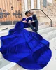 2022 Sexy Arabski Royal Blue Velvet Prom Dresses Pogling V Neck Illusion Długie Rękawy Mermaid Party Dress Suknie Wieczorowe Kaplica Train Plus Size