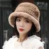 Kvinnors riktiga mink p￤ls hatt stickad hink hatt bowler hatt topp hatt varma utomhus cap beanies
