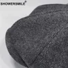 Showersmile Marka Wełna Newsboy Caps Mężczyźni Szary Herringbone Płaskie Czapki Kobiety Kawa Brytyjska Gatsby Cap Jesień Zimowe Wełniane Czapki