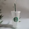 Starbucks 24OZ/710ml Plastic Tumbler Reusable Clear Drinking Flat Bottom Cup Pillar Shape Lid Straw Mug Bardian