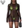 Costume da bagno sexy Tanga Perizoma Bikini Neon Monokini Costume intero per donna Micro costumi da bagno Top + Bottom + Mesh Coverup T200708