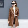 Winter Womens Leather Jacket Warm Big Fur Collar Long Leather Coat Balck Outerwear Slim Fit Overcoat Plus Size S5XL 201030