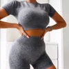 Women 2 Piece Set Workout Set Shorts Suit Solid Seamless Yoga Set Gym Clothes Short Sleeves Sports Top Running Shorts Sportswear