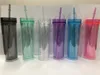 Amerikanska frakt! BPA Gratis 16 oz akrylklara tumblers med lidstraw 6 färg plast vattenflaskor dubbel vägg dricka koppar A12