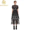 Casual Dresses Self Portrait Vantage Dress 2021 Summer Design Black Mesh Embroidered Flowers Midi O-Neck Short Sleeve For Women