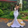 Black Girl White Mermaid Prom Dresses Złoto Zroszony V Neck Cekinę Plus Size Evention Sukienka African Formalna Nosić Party z koronką Appliqued