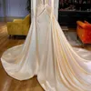 Dubai Saudi Arabia Ivory Satin Evening Dresses With Detachable Train Long Sleeves Plunging V Neck Women Formal Occasion Party Gowns Shiny Sequined Prom Dress AL7362