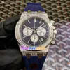 Goedkope nieuwe datum 42 mm heren Watch Japan Quartz Chronograph Steel Diamond Case Blue Texture Dail Black Blue Rubber Watches TimeZoneWat226H