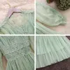 Genç Gee Dantel Çiçek Elbise Kadın V Boyun Uzun Kollu Midi Kadın Polka Dot Inciler Tek Göğüslü Tatlı Örgü Elbiseler Ropa Mujer Y0118