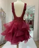 2021 Lace Cocktail Dress Burgundy Tulle Ruffle V-Neck Sexig U Open Back Short Prom Homecoming Dress Girls Graduation Dress 5th Grade Cheap