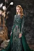 Elegant Dark Green Evening Dress Long Sleeves Mermaid Prom Gown with Satin Detachable Train robe de soiree