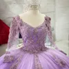 2021 lavande manches longues robes de Quinceanera dentelle florale perlée cristal col en V trou de serrure dos à lacets robe de bal bal doux 16 robe plus