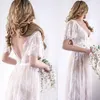 Elegant Boho Lace Beach Wedding Dress V-Neck Backless Short Sleeves A Line Romantic Flowers Bridal Gowns 2022 Plus Size Rustic Bohemian Wedding Dresses