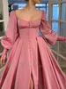 Sexy Front Slit Long Pink Prom Dresses Off Shoulder Long Sleeves 2021 Buttons Special Occasion Dress Evening Party Wear Robe de soriee