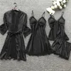 Sexy Frauen Robe Kleid Sets Spitze Bademantel + Nachtkleid 4 Vier Stücke Nachtwäsche Damen Schlaf Set Faux Seide Robe Femme Dessous T200111