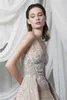 Champagne Avondjurken V-hals Applicaties Kant Kralen Prom Gowns Custom Made Open Back Sweep Trein Speciale gelegenheden Jurk