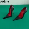 Sorbern 12 cm Siyah ve Kırmızı Elbise Ayakkabı Kadın Sivri Burun Stilettos Gerçek Deri Stilettos