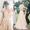 Abiti da sposa con scollo a V e applicazioni in pizzo pieno, arrossire, champagne, con strascico lungo, abiti da sposa economici, abiti da sposa country a linea A