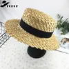 7cm bred Brim Boater Cap Ribbon Round Flat Top Wheat Halm Kepsar Sun Beach Hat Sommar Kvinnor Kentucky Derby Hat Sombreros Mujer Y200714