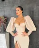 New Vintage Champagne Puff Long Sleeves Evening Dresses Side Slit Sweetheart Chiffon Satin 2022 Modern Formal Party Gown CG001