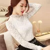Moda Plus Size Lace Crocheted Hollow Out Top Stand-up Collar Blusa Branca Mulher Doce Manga Longa Camisas Blusas 1695 220125