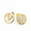 Europe America Fashion Style Lady Women Titanium Steel White Mother of Pearl V Initials Round Stud Earrings 3 Color