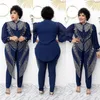 New Sexy Women Two Piece Pants Sets Long Sleeve Crew Neck Crystal Beading Jacket Top and Skinny Pants Plus Size African Womens Set Suits JNF1