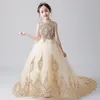 Gorgeous Floor Length Gold Sparkle Flower Girl Dress High Collar Lace Applique Party Dress for Girl with Zipper Up Back Princess Dress Girl