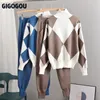 GIGOGOU Geomatric Knit Set da 2 pezzi Donna Maglione Tute Autunno Dolcevita Pullover Top + Pantaloni Harem Tute Giacca 220315