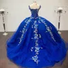 Royal Blue Ball Gown Quinceanera Klänningar 3D Flowers Girl Sweet 16 Party Gowns Off The Shoulder Vestidos de Quinceañera