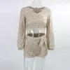 Ceremokiss Sequin Outfits Two Piece Set Women Sparkle Glitter V Neck Crop Top Shorts Autumn Sexy Bandage Puff Sleeve Club Sets T200325