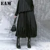 [EAM] taille haute élastique noir plissé fendu pantalon à jambes larges nouveau pantalon ample femmes mode marée printemps automne LJ201029